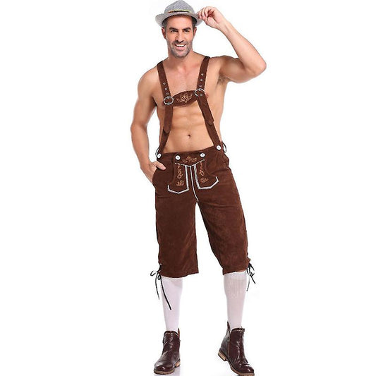 Men's Lederhosen - Genuine Leather, Authentic German Lederhosen for Men, Oktoberfest Attire - Brown-XF7-Brown L