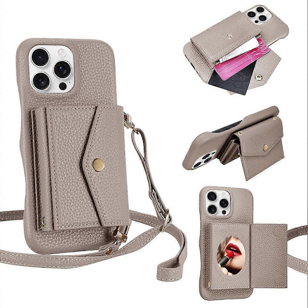 Horizontal Card Pocket Phone Case in Litchi Texture with Long Cord Grey Grey For iPhone 14 Pro.