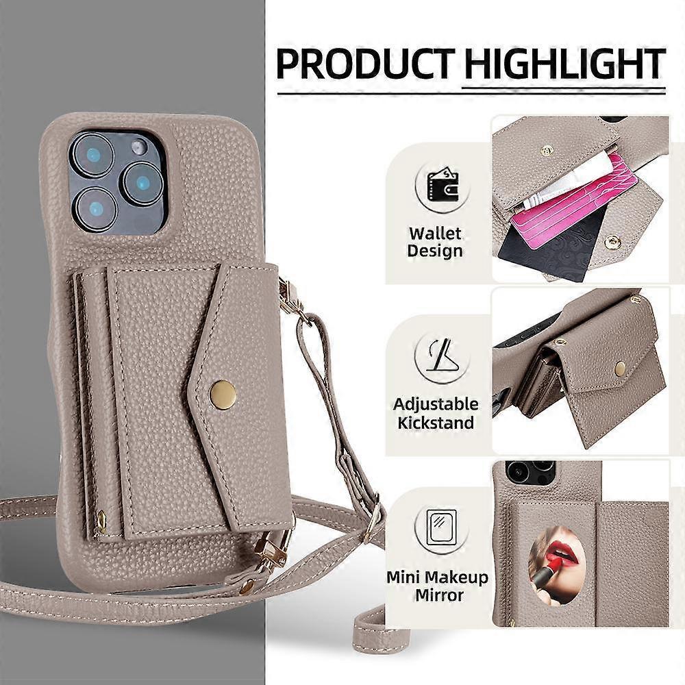 Horizontal Card Pocket Phone Case in Litchi Texture with Long Cord Grey Grey For iPhone 14 Pro.