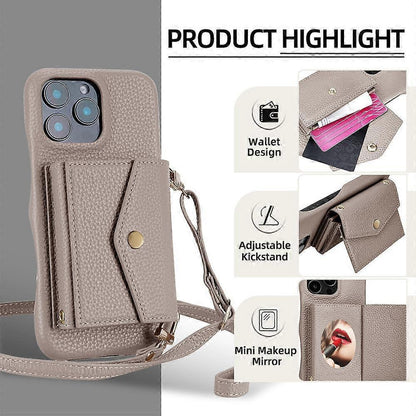 Horizontal Card Pocket Phone Case in Litchi Texture with Long Cord Grey Grey For iPhone 14 Pro.