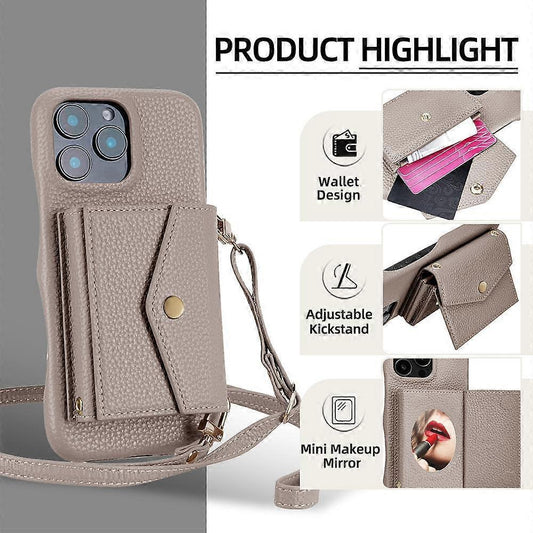 Horizontal Card Pocket Phone Case in Litchi Texture with Long Cord Grey Grey For iPhone 14 Pro.