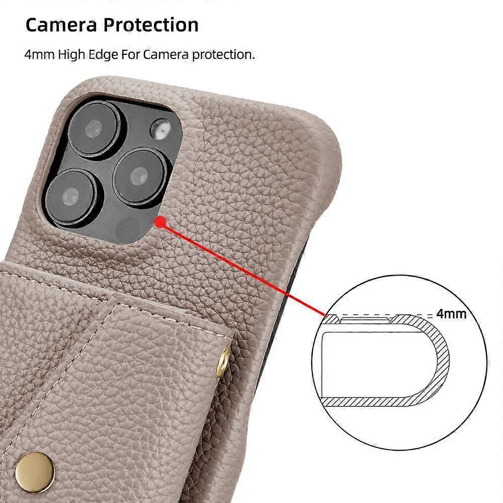 Horizontal Card Pocket Phone Case in Litchi Texture with Long Cord Grey Grey For iPhone 14 Pro.