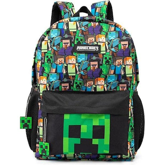 Minecraft Backpack for Boys | Black School Bag for Kids | Green Creeper Zombie Skeleton Enderman & Cave Spider-max.