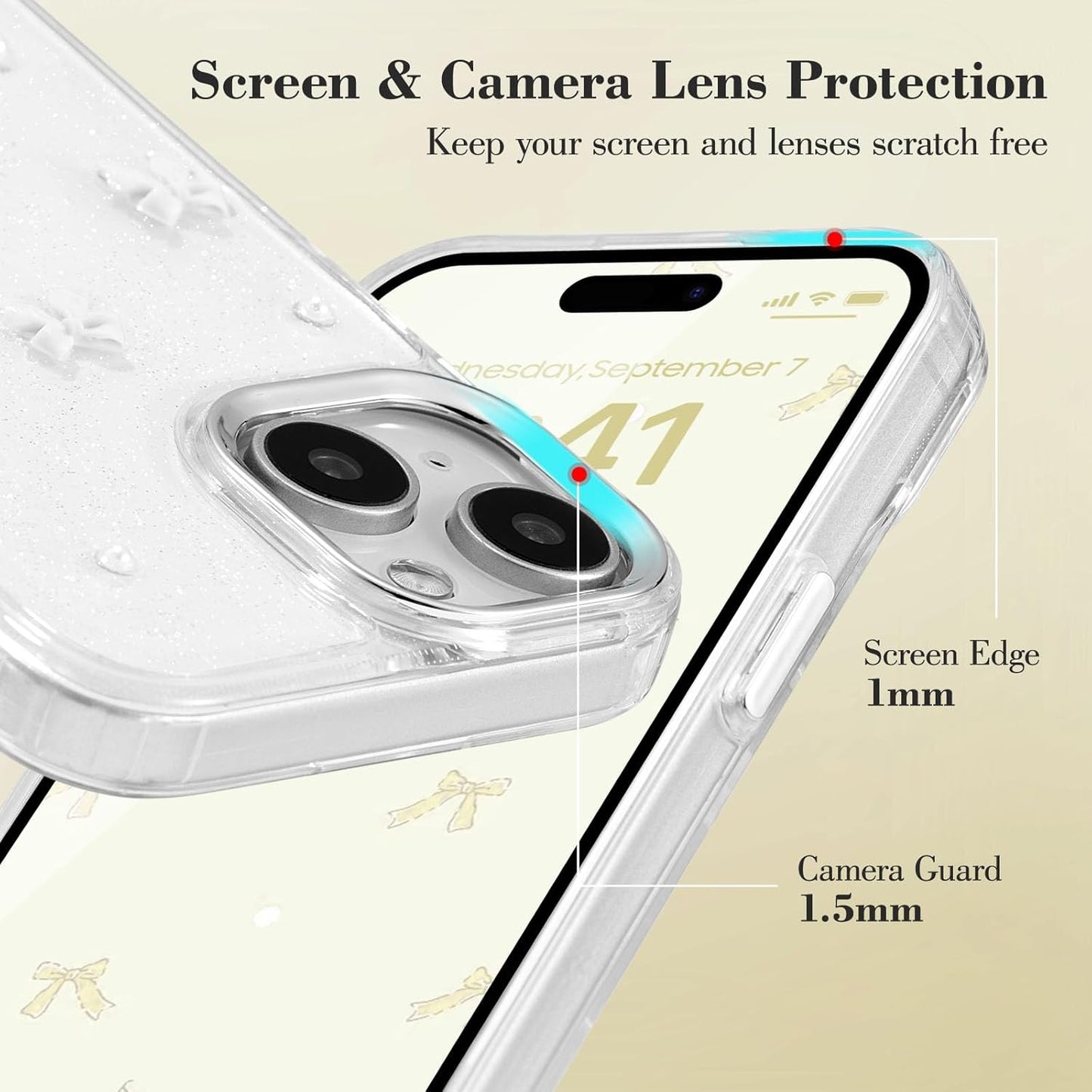 Compatible with iPhone 15 Plus, Bling Glitter 3D Bowknot Phone Case Cute Sparkly Crystal Clear Bowknot Slim Soft Durable Protective Case White iPhone 15 Plus