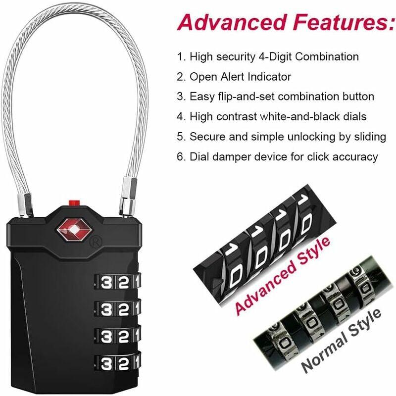Luggage Lock, TSA 4-Digit Combination Lock for Suitcase with Opening Alarm, Code Lock Gym Cable Lock (1 Piece, Black).