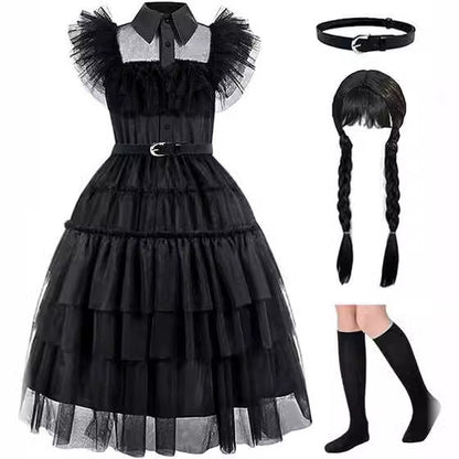 Girl's dress cosplay Wednesday Brigitte princess dress lace details puff sleeves children Wednesday 4 pcs 120 Wednesday 4pcs 120