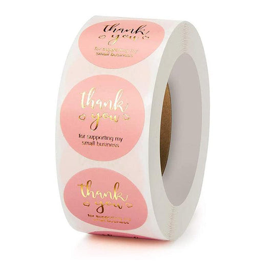 Rolls of 1000pcs Thank You Stickers, 2.5cm Self Adhesive Label Stickers, Kraft Paper and Pink Thank You Sticker.