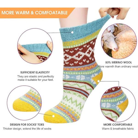 Pairs of Women's Merino Wool Socks, Thicker Thermal Knitting, Women's Socks for Hiking, Backpacking, Climbing, Winter (Red/Brown/Green/Blue/Dark Blue)