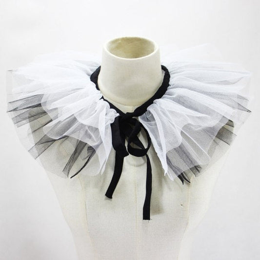 Women's Renaissance Tulle Ruffled False Collar Layered Black White Mesh Clown Choker Lace Up Victorian Neck Ruff Shawl Cosplay Props