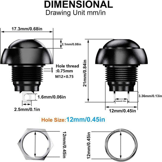 12mm Waterproof Momentary Push Button Switch SPST ON/OFF 12pcs 3A/3V-5V-9V-12V-24V-230VAC Round for Car Horn PC Table Lamp Home Doorbell.