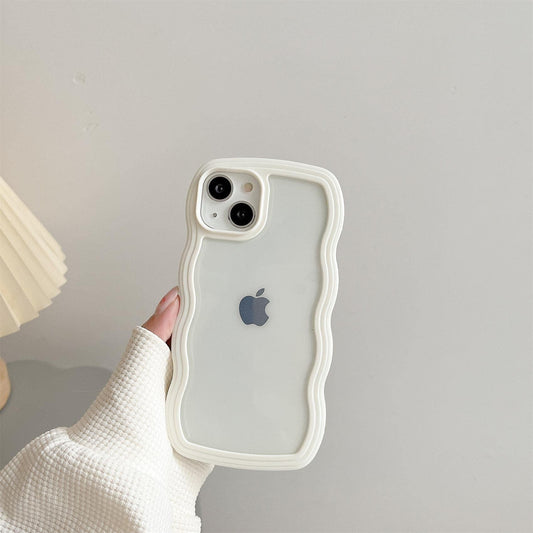 Transparent Cute Curly Simple Wavy Case, Aesthetic Design Bumper, Soft TPU for iPhone 14 Pro Max-White.