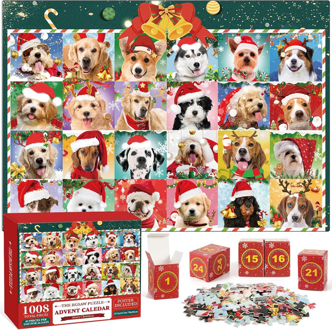 Advent Calendar 2024 Christmas Puzzle, Christmas Dogs Puzzle 1008 Pieces Puzzle 24 Days Christmas Countdown. Hover Image