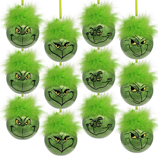 Christmas decorations for indoor use: 12 pcs cute Grinch Christmas tree baubles with fluffy green hair, glittering Grinch Christmas baubles for the Christmas tree-tfrf