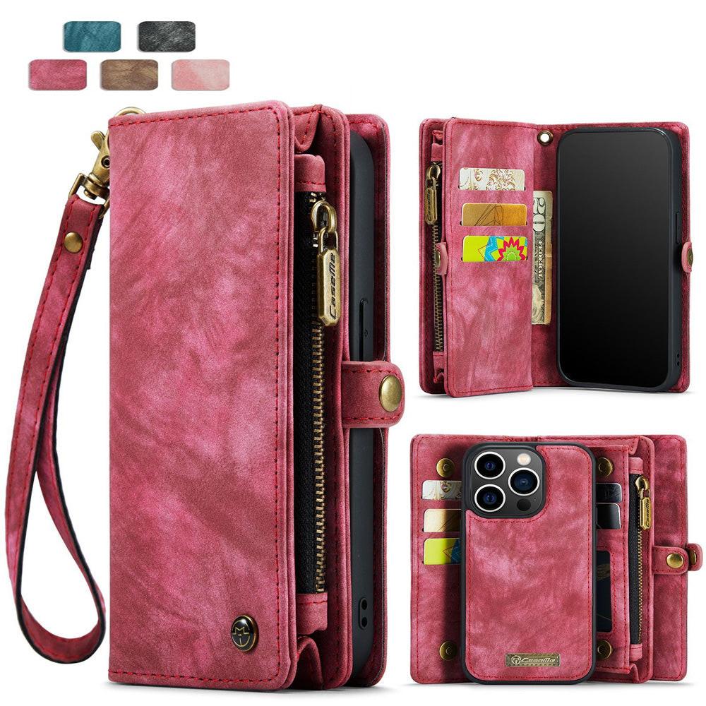 2-in-1 Detachable Wallet Case for iPhone 16 & Samsung, Retro Leather Flip Case with Card Holder & Magnetic Zipper, Dark Pink Dark Pink iPhone16 Pro Max.