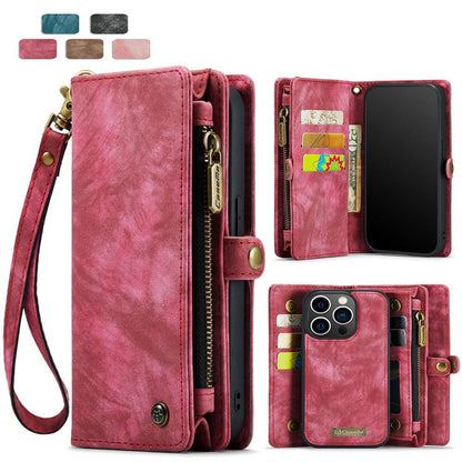 2-in-1 Detachable Wallet Case for iPhone 16 & Samsung, Retro Leather Flip Case with Card Holder & Magnetic Zipper, Dark Pink Dark Pink iPhone16 Pro Max.