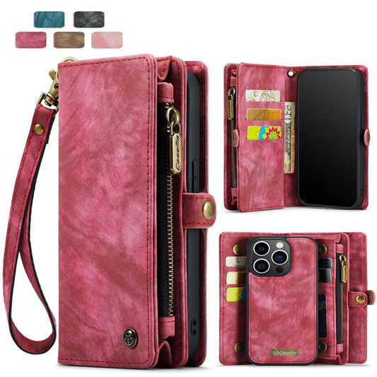 2-in-1 Detachable Wallet Case for iPhone 16 & Samsung, Retro Leather Flip Case with Card Holder & Magnetic Zipper, Dark Pink Dark Pink iPhone16 Pro Max.