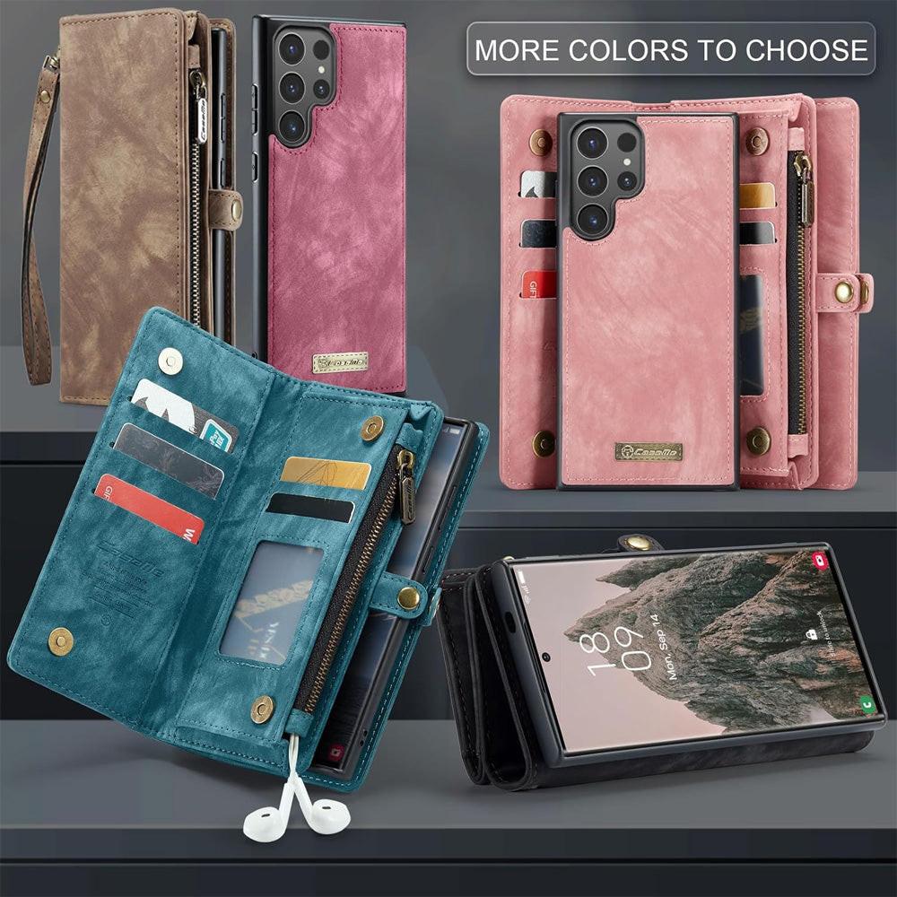 2-in-1 Detachable Wallet Case for iPhone 16 & Samsung, Retro Leather Flip Case with Card Holder & Magnetic Zipper, Dark Pink Dark Pink iPhone16 Pro Max.