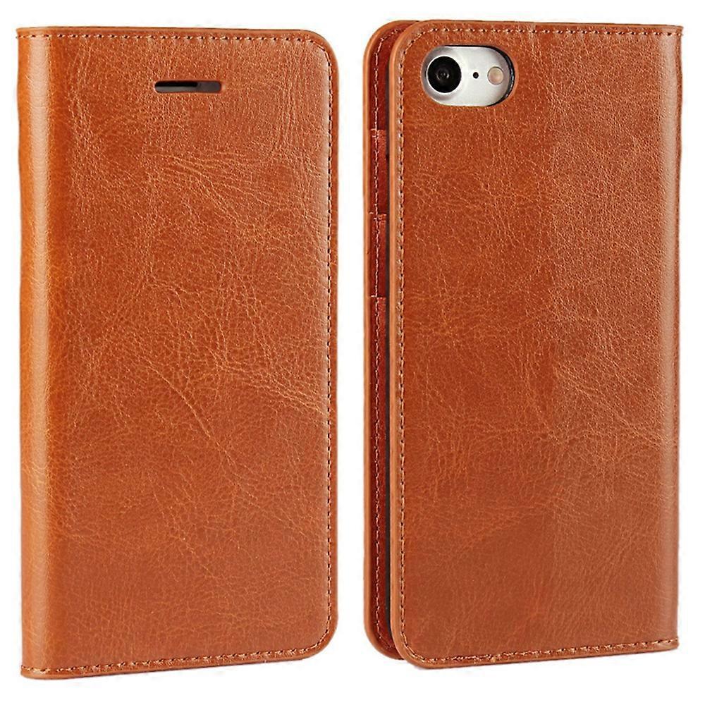 For iPhone SE (2020)/SE (2022)/8/7 4.7 inch Oil-Rimmed Crazy Horse Genuine Leather Attached Hard PC Inner Case Wallet Stand Flip Phone Case Brown.