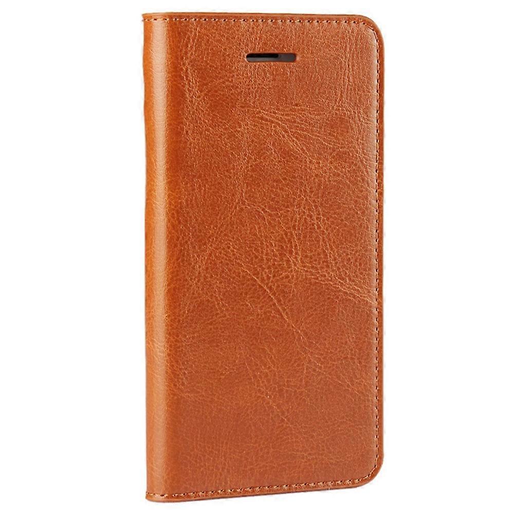 For iPhone SE (2020)/SE (2022)/8/7 4.7 inch Oil-Rimmed Crazy Horse Genuine Leather Attached Hard PC Inner Case Wallet Stand Flip Phone Case Brown.