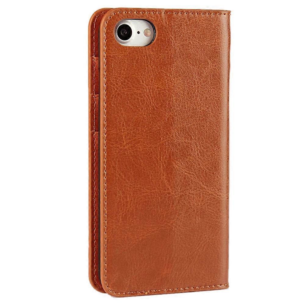 For iPhone SE (2020)/SE (2022)/8/7 4.7 inch Oil-Rimmed Crazy Horse Genuine Leather Attached Hard PC Inner Case Wallet Stand Flip Phone Case Brown.