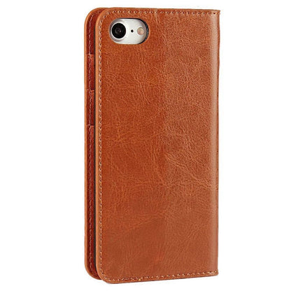 For iPhone SE (2020)/SE (2022)/8/7 4.7 inch Oil-Rimmed Crazy Horse Genuine Leather Attached Hard PC Inner Case Wallet Stand Flip Phone Case Brown.