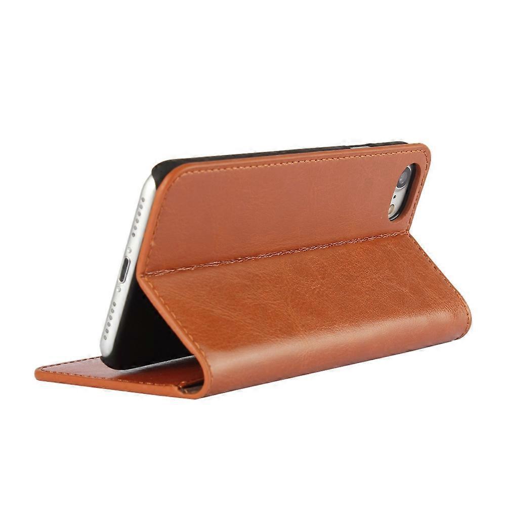 For iPhone SE (2020)/SE (2022)/8/7 4.7 inch Oil-Rimmed Crazy Horse Genuine Leather Attached Hard PC Inner Case Wallet Stand Flip Phone Case Brown.