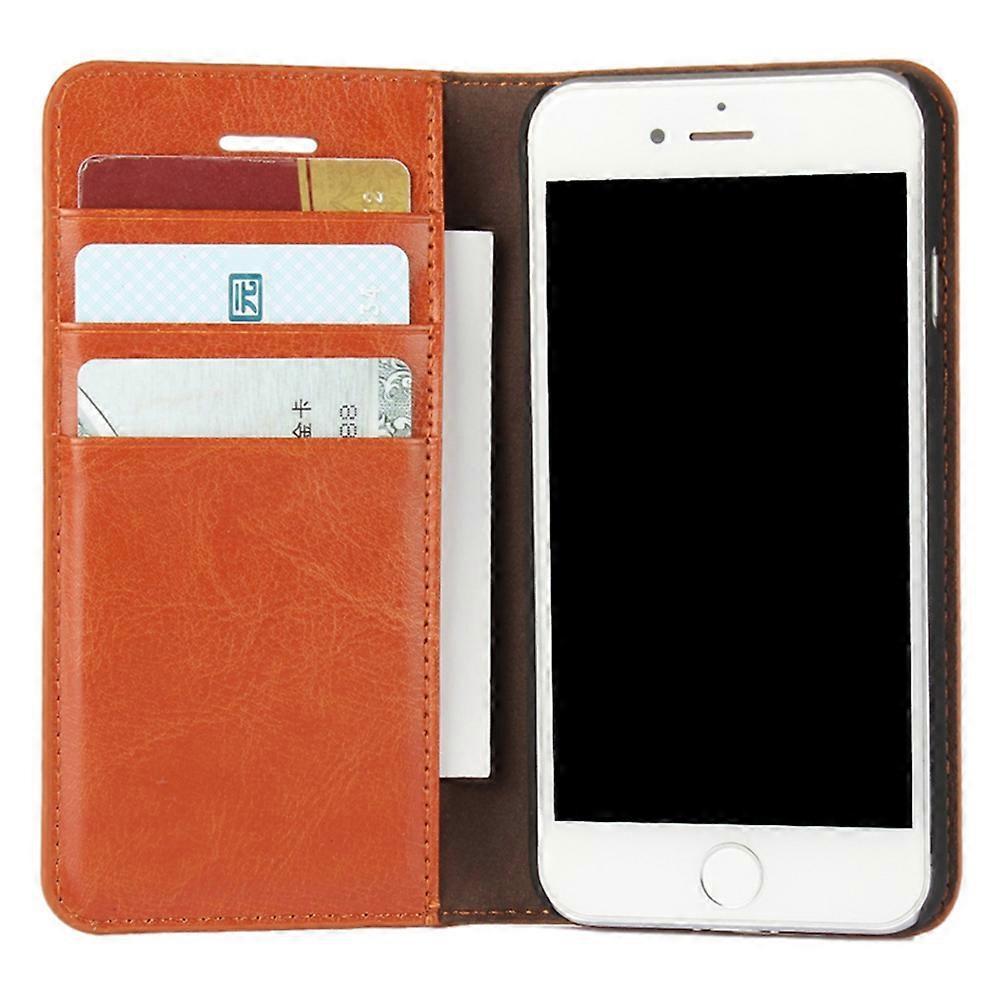 For iPhone SE (2020)/SE (2022)/8/7 4.7 inch Oil-Rimmed Crazy Horse Genuine Leather Attached Hard PC Inner Case Wallet Stand Flip Phone Case Brown.