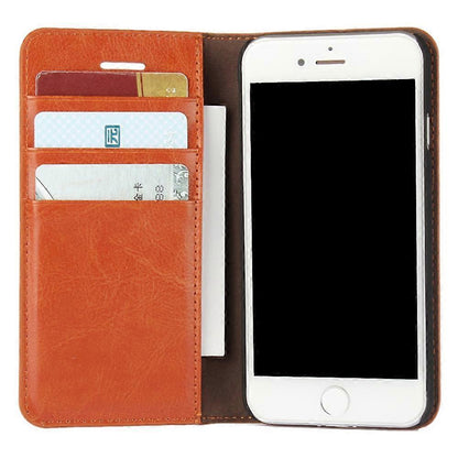 For iPhone SE (2020)/SE (2022)/8/7 4.7 inch Oil-Rimmed Crazy Horse Genuine Leather Attached Hard PC Inner Case Wallet Stand Flip Phone Case Brown.
