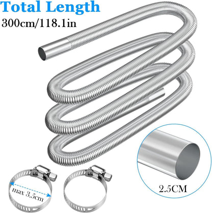 Air heater hose, 300 cm Ã 2.5 cm stainless steel exhaust pipe, parking heater pipe with 2 hose clamps, for parking heater 300CM.