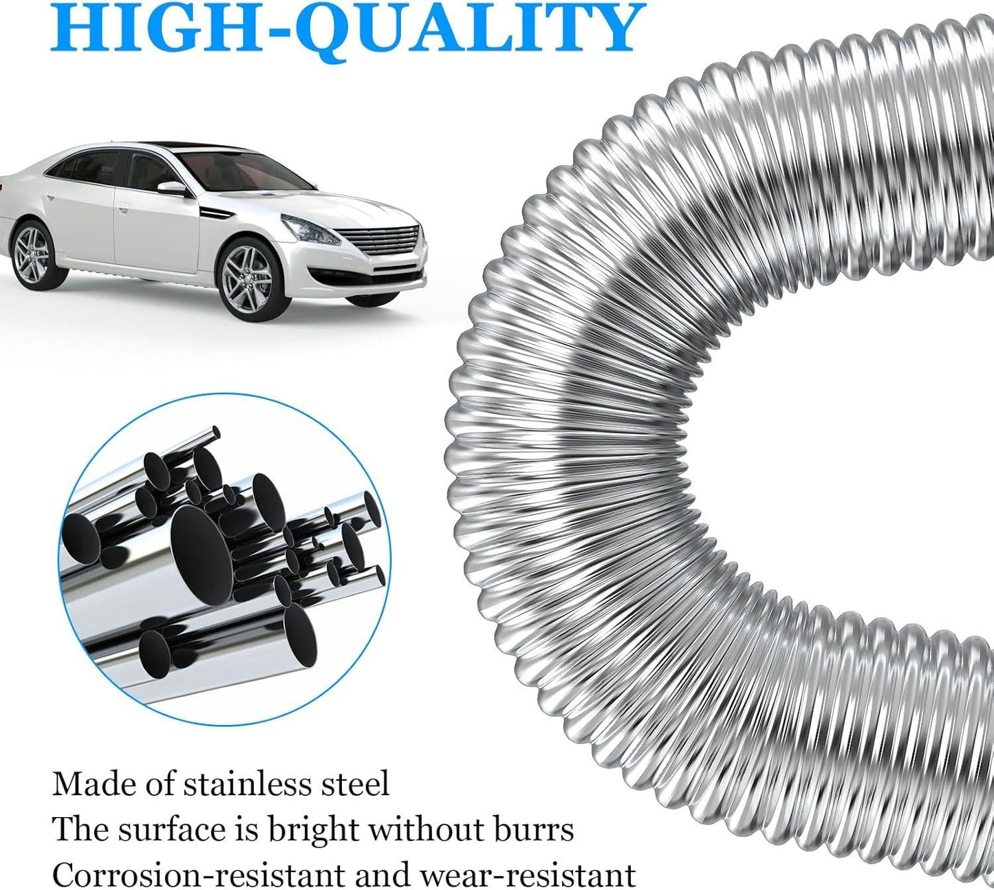 Air heater hose, 300 cm Ã 2.5 cm stainless steel exhaust pipe, parking heater pipe with 2 hose clamps, for parking heater 300CM.