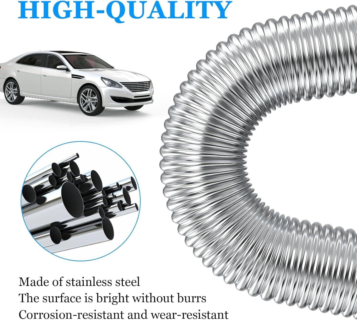 Air heater hose, 300 cm Ã 2.5 cm stainless steel exhaust pipe, parking heater pipe with 2 hose clamps, for parking heater 300CM.