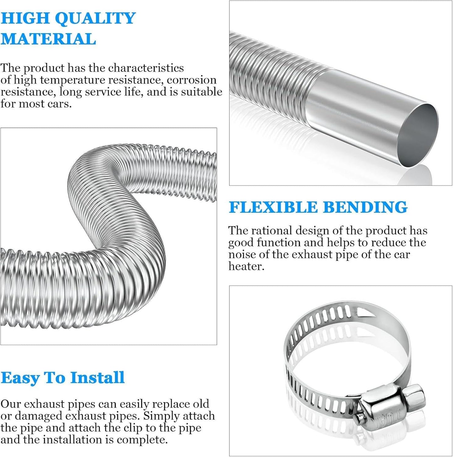Air heater hose, 300 cm Ã 2.5 cm stainless steel exhaust pipe, parking heater pipe with 2 hose clamps, for parking heater 300CM.