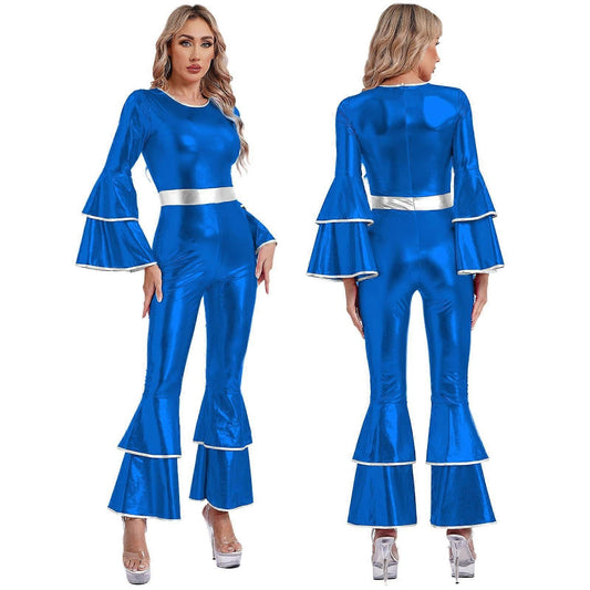 Women's Vintage 70s Disco Shiny Jumpsuit Bell Bottom Hippie Romper Cheerleading Uniform Halloween Cosplay Theme Party Costume royal blue_yux royal blue M