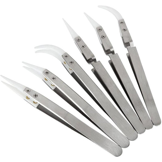 6pcs Precision Ceramic Inverted Soldering Tweezers Non-conductive Antimagnetic Pointed Curved Tips.