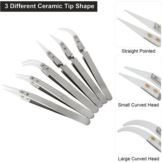 6pcs Precision Ceramic Inverted Soldering Tweezers Non-conductive Antimagnetic Pointed Curved Tips.