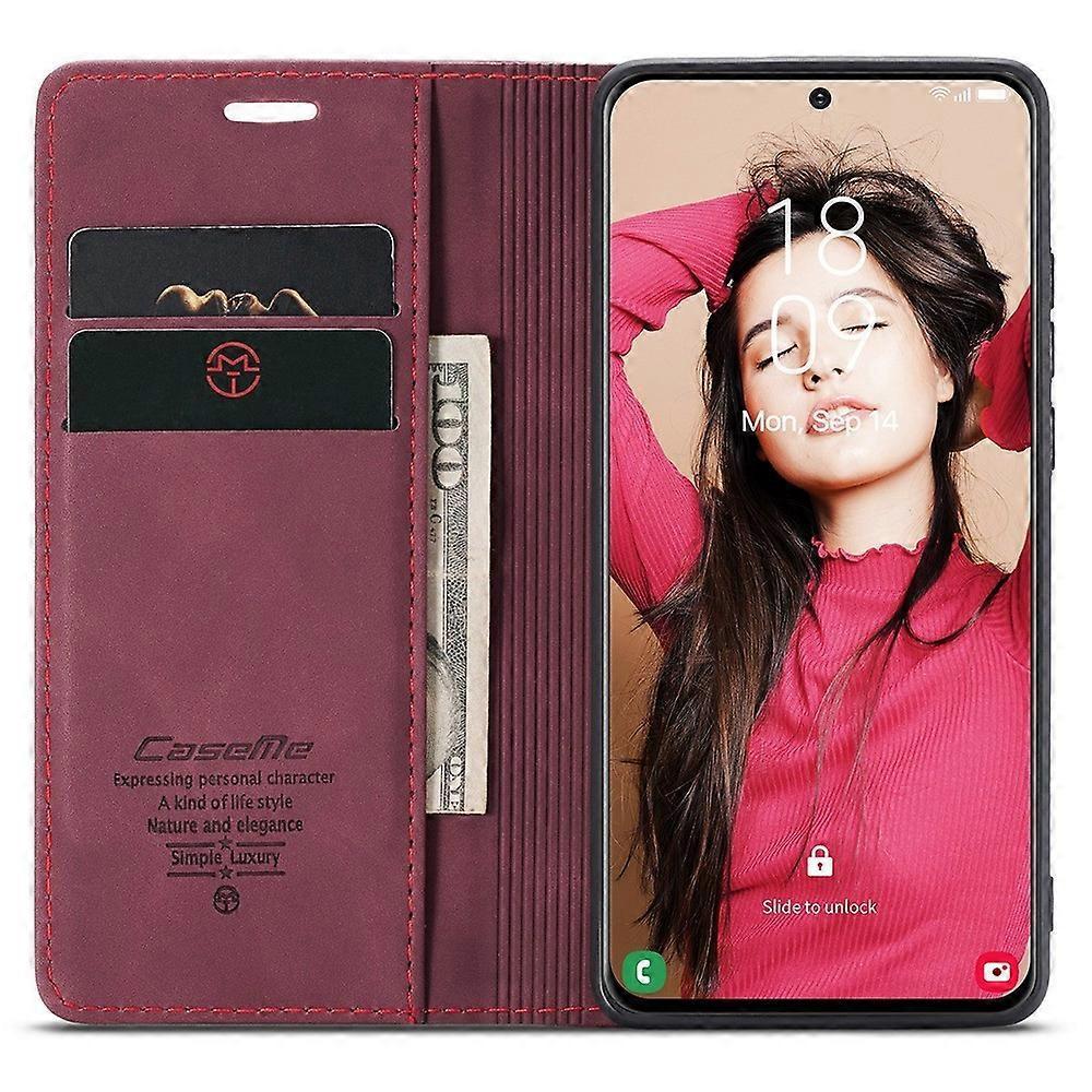CASEME 013 Series Samsung Galaxy S21 FE Wallet Case Stand Automatic Suction PU Leather Case Red_yux Red Red.