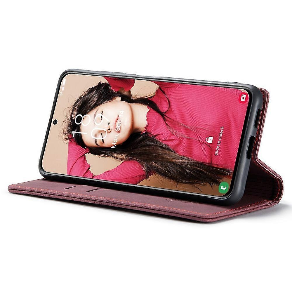 CASEME 013 Series Samsung Galaxy S21 FE Wallet Case Stand Automatic Suction PU Leather Case Red_yux Red Red.