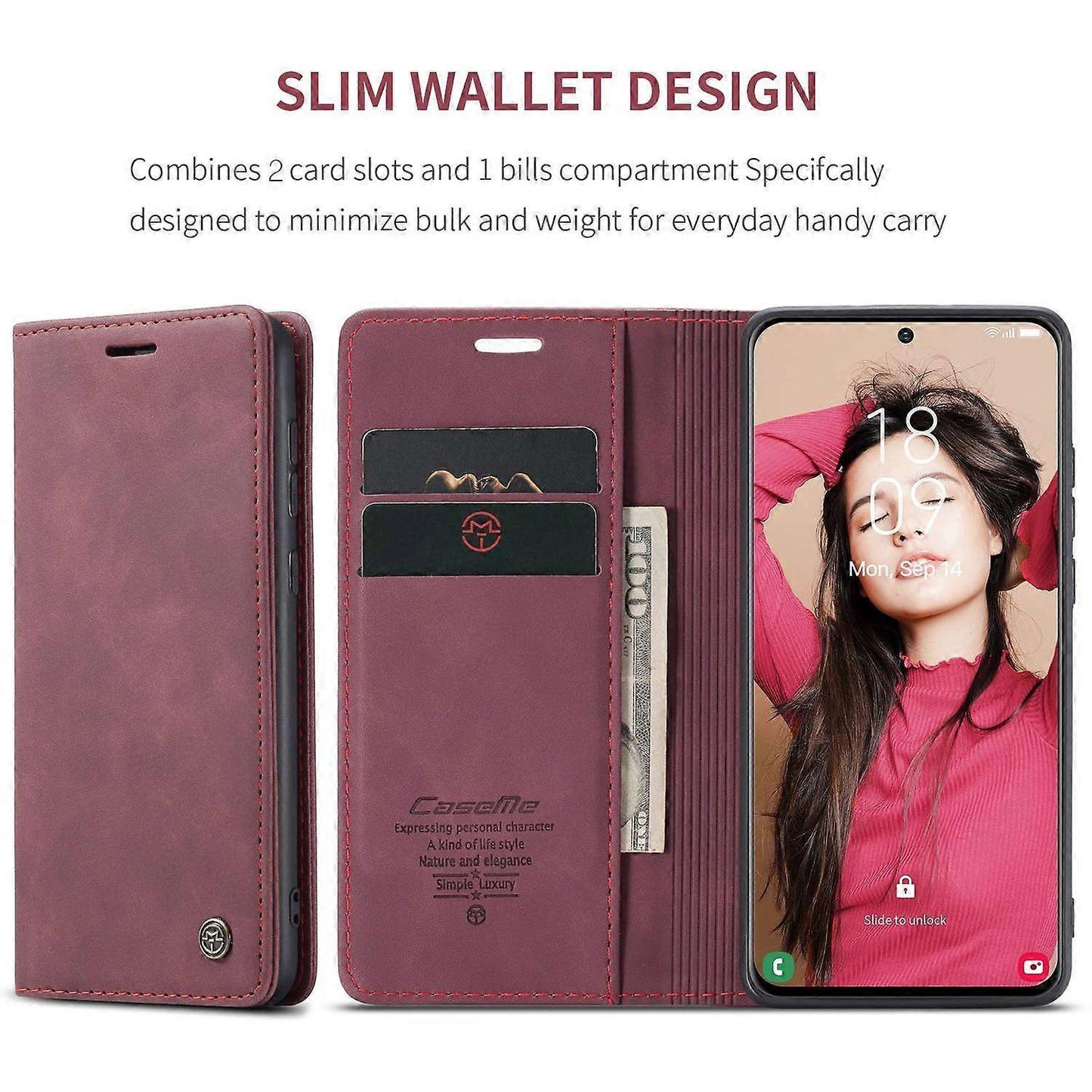 CASEME 013 Series Samsung Galaxy S21 FE Wallet Case Stand Automatic Suction PU Leather Case Red_yux Red Red.