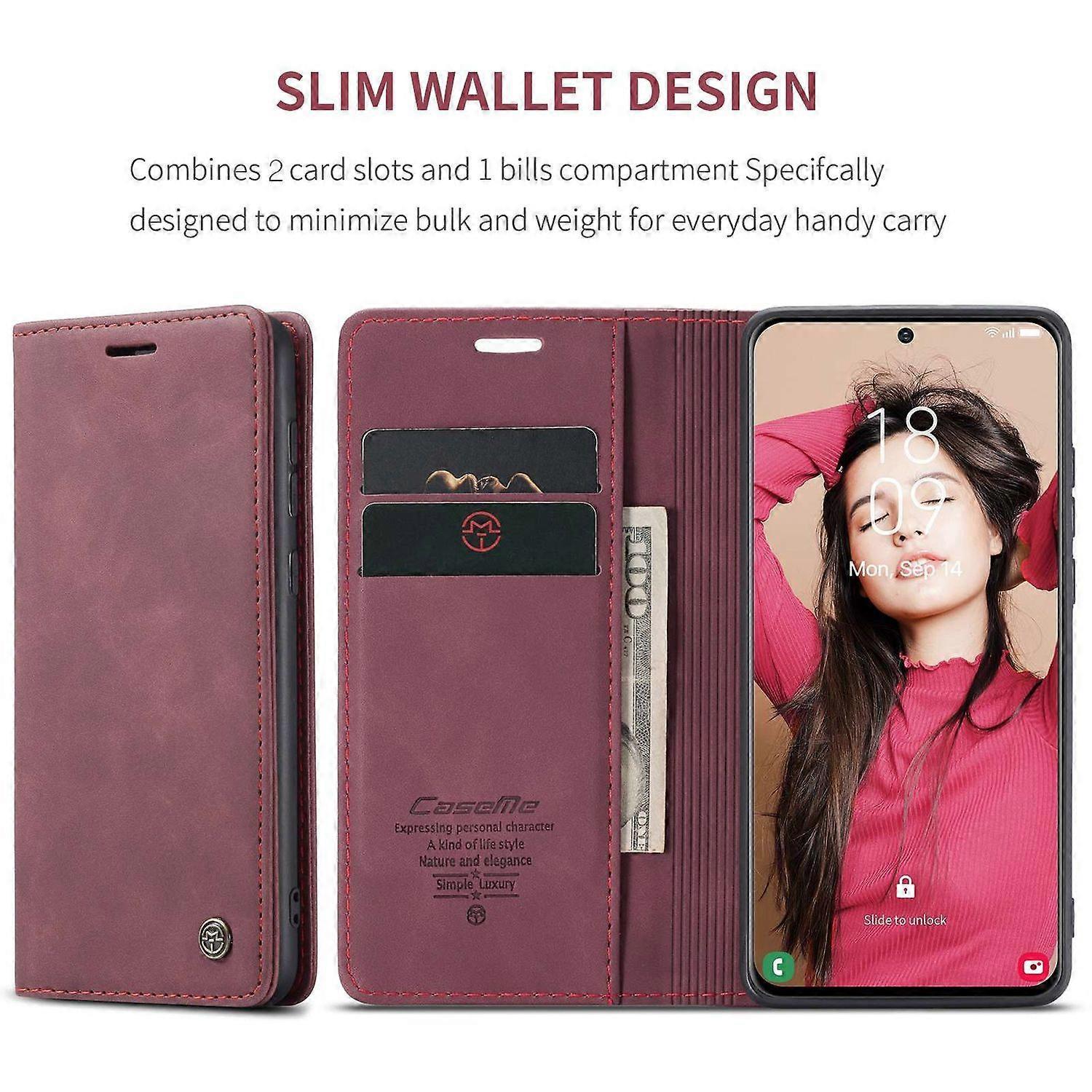 CASEME 013 Series Samsung Galaxy S21 FE Wallet Case Stand Automatic Suction PU Leather Case Red_yux Red Red.