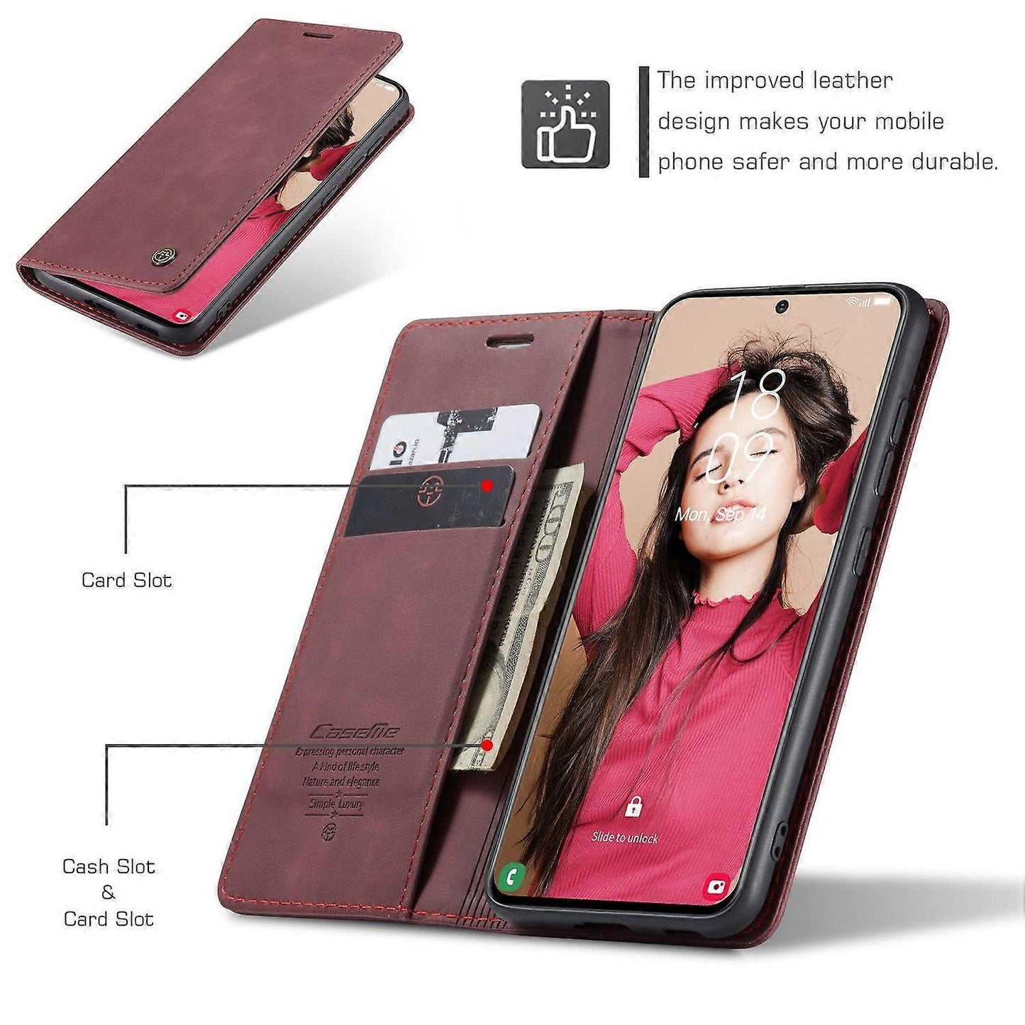 CASEME 013 Series Samsung Galaxy S21 FE Wallet Case Stand Automatic Suction PU Leather Case Red_yux Red Red.