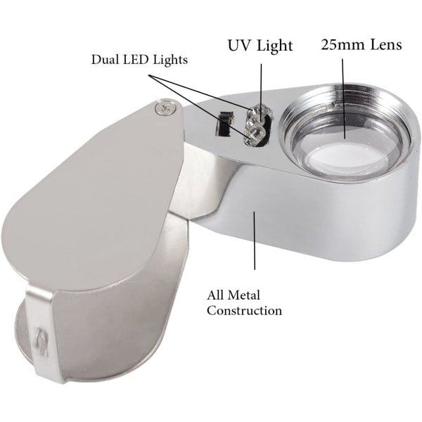 Jewelers Loupe 40X Magnification Metal Foldable Loupe with LED & UV Light.
