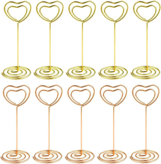 10 Pcs Heart Shaped Table Number Stand and Place Card Holder - Mini Wire Picture Photo Clips for Centerpieces, Wedding Party, Memo, Menu Stands (Gold + Rose Gold)