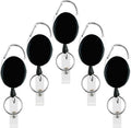 5 Pack Heavy Duty Retractable Badge Reel Id Card Holder with Clip and Key Ring Carabiner Keychain Belt Black Vertical Reels Holders for Nurse Doctor Office Worker Specialist Clear Name