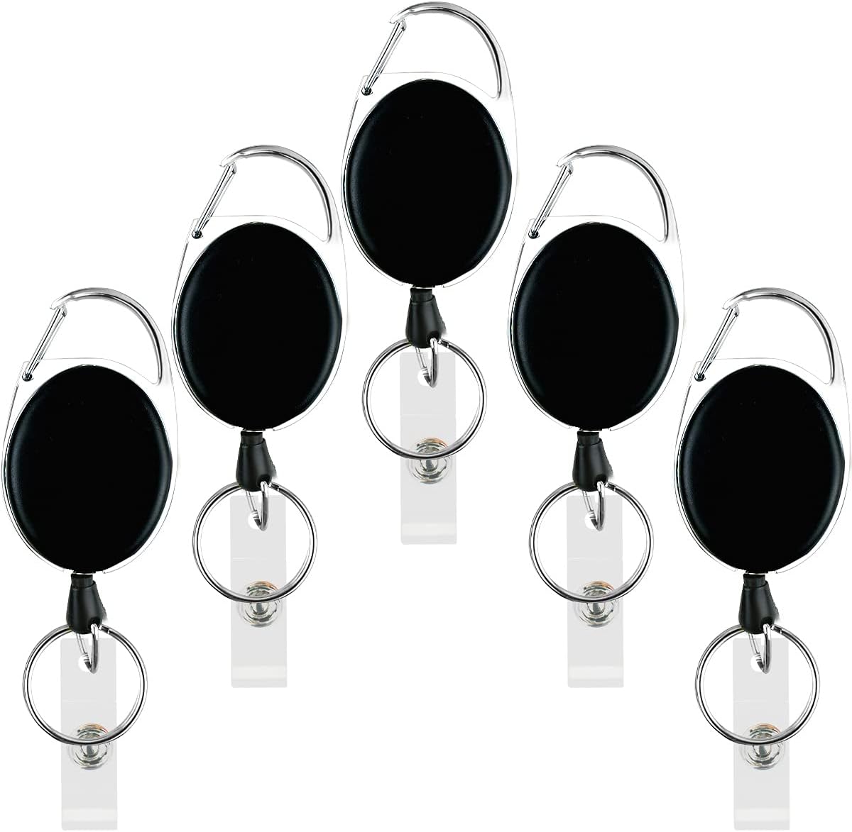 5 Pack Heavy Duty Retractable Badge Reel Id Card Holder with Clip and Key Ring Carabiner Keychain Belt Black Vertical Reels Holders for Nurse Doctor Office Worker Specialist Clear Name
