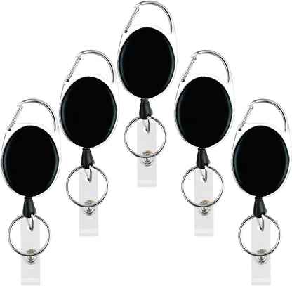 5 Pack Heavy Duty Retractable Badge Reel Id Card Holder with Clip and Key Ring Carabiner Keychain Belt Black Vertical Reels Holders for Nurse Doctor Office Worker Specialist Clear Name