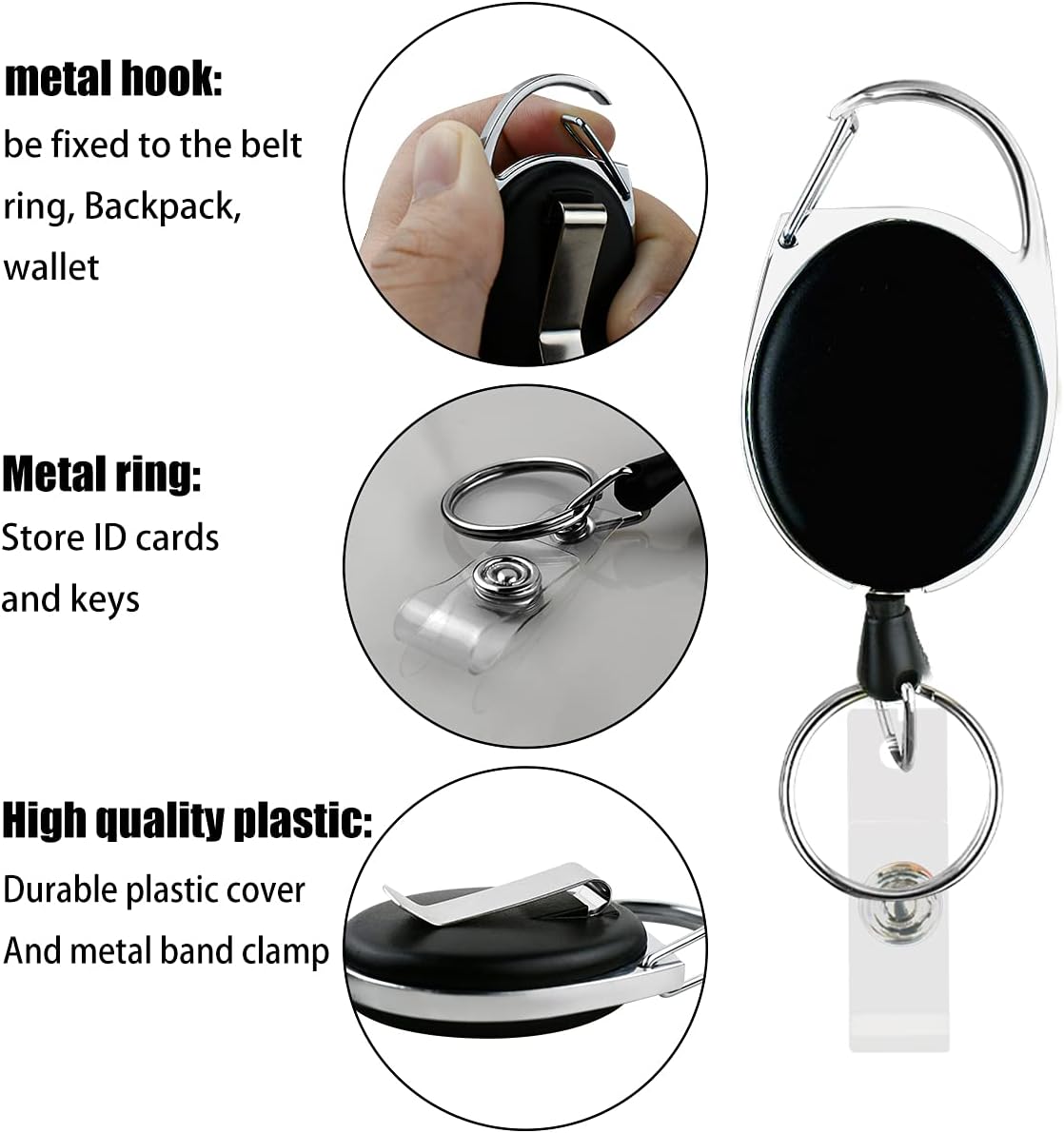 5 Pack Heavy Duty Retractable Badge Reel Id Card Holder with Clip and Key Ring Carabiner Keychain Belt Black Vertical Reels Holders for Nurse Doctor Office Worker Specialist Clear Name