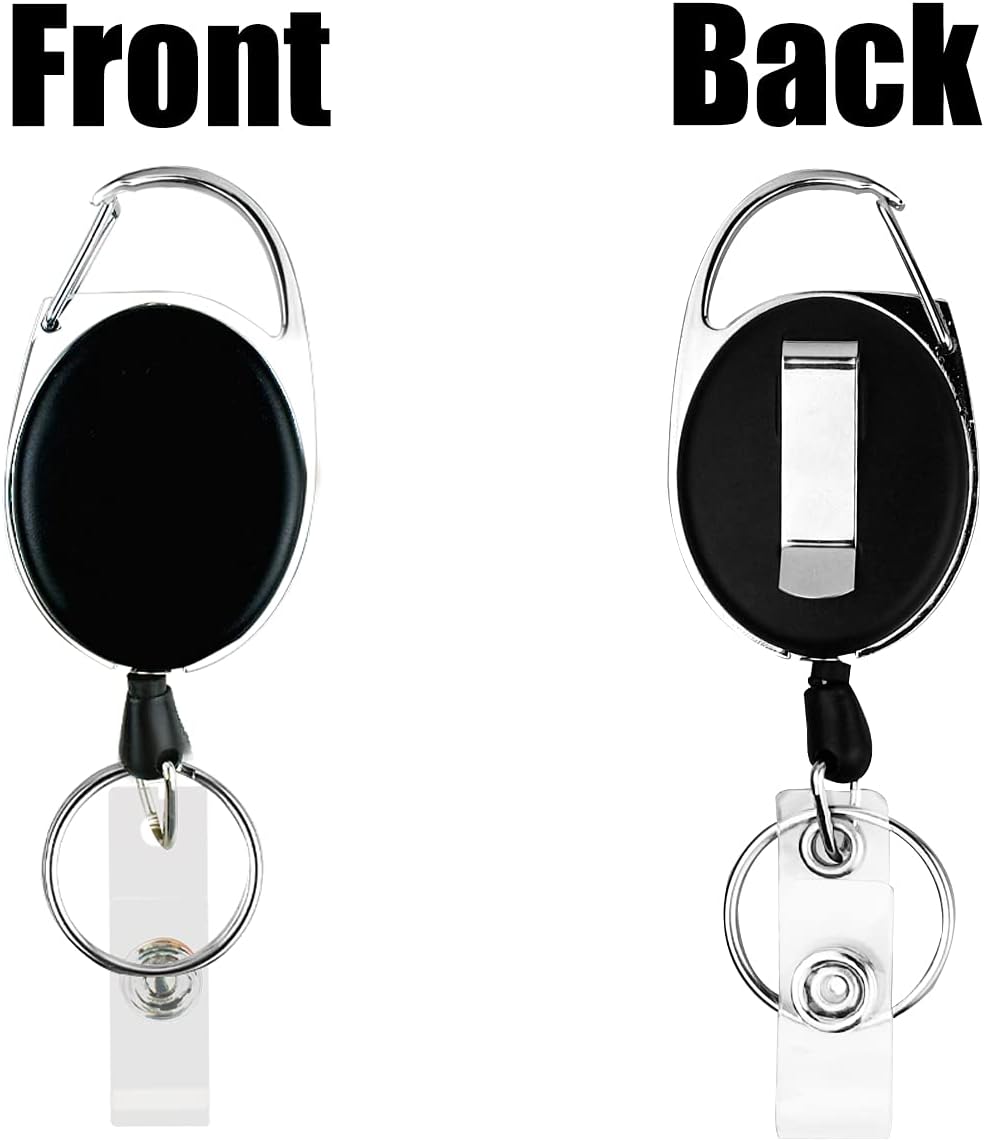 5 Pack Heavy Duty Retractable Badge Reel Id Card Holder with Clip and Key Ring Carabiner Keychain Belt Black Vertical Reels Holders for Nurse Doctor Office Worker Specialist Clear Name