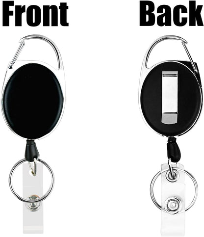 5 Pack Heavy Duty Retractable Badge Reel Id Card Holder with Clip and Key Ring Carabiner Keychain Belt Black Vertical Reels Holders for Nurse Doctor Office Worker Specialist Clear Name