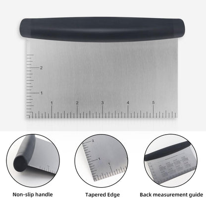 Plastic Bread Scraper Dough Cutter with Measuring Scale Multipurpose Bench Kitchen Tool Pastry for Cake Baking Food Pizza Stainless Steel and Chopper Knife (Black)