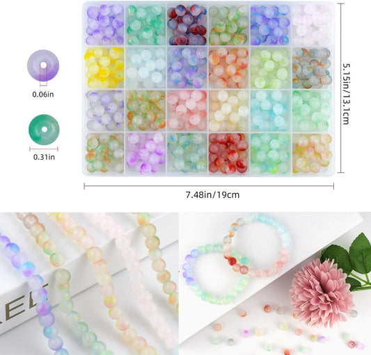 480 Piece Glass Beads - 8mm Round Crystal for Jewelry Making 24 Colors DIY Chakra Kit